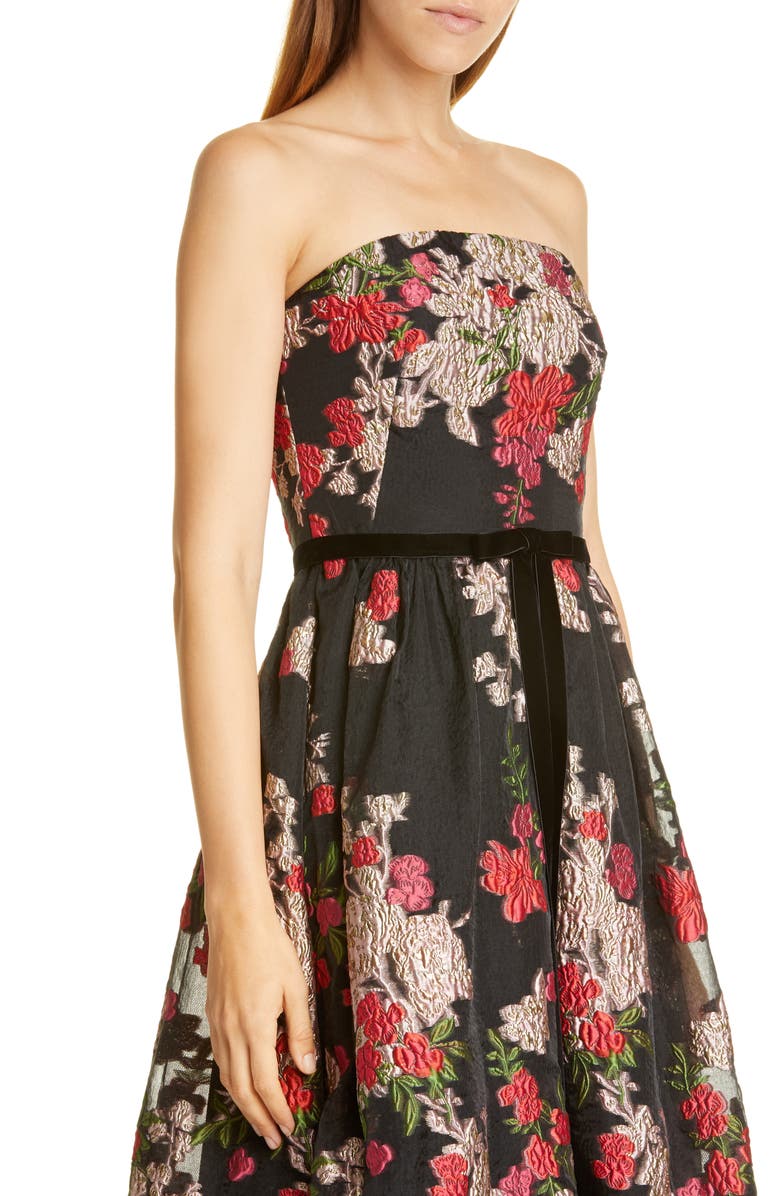 Marchesa Notte Floral Embroidered Strapless Midi Dress, Alternate, color, 