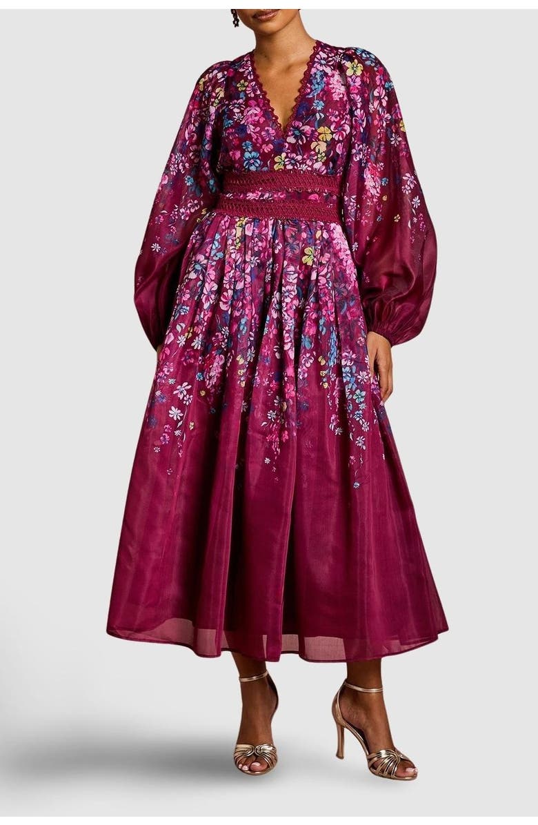 Coast Petite Organza Lace Trim Midaxi Dress, Alternate, color, Plum