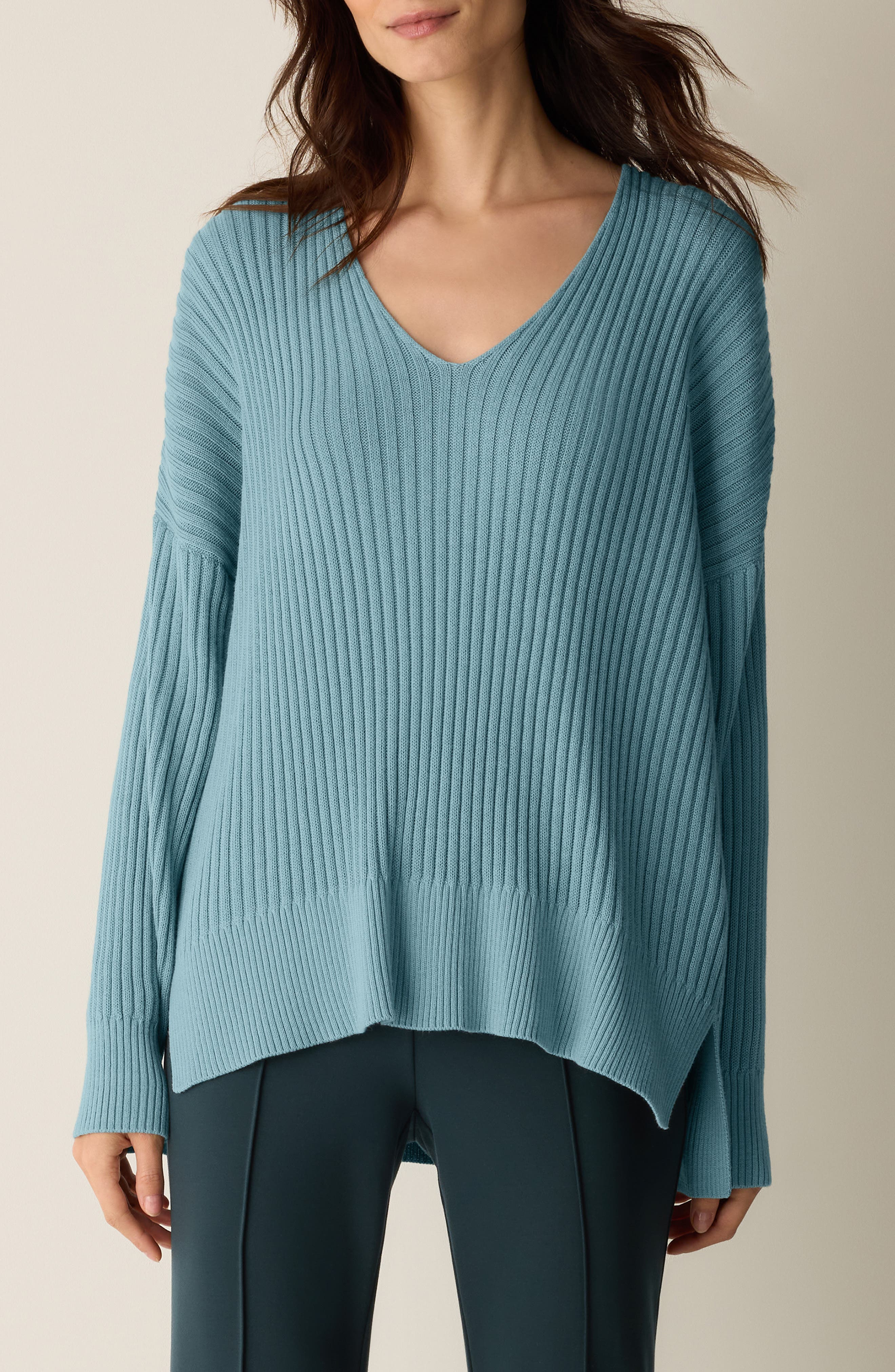 Cotton & Tencel™ lyocell Ribbed V-Neck Sweater