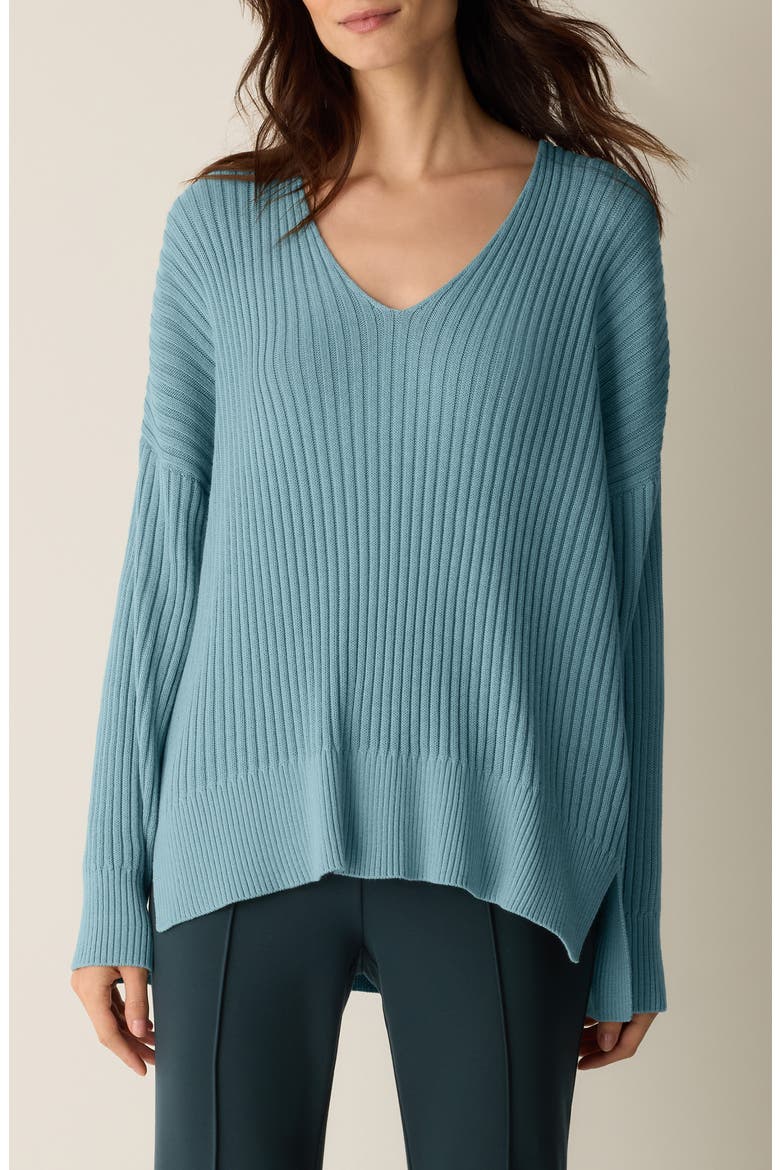 Cotton & Tencel™ lyocell Ribbed V-Neck Sweater, Main, color, SEAFOAM