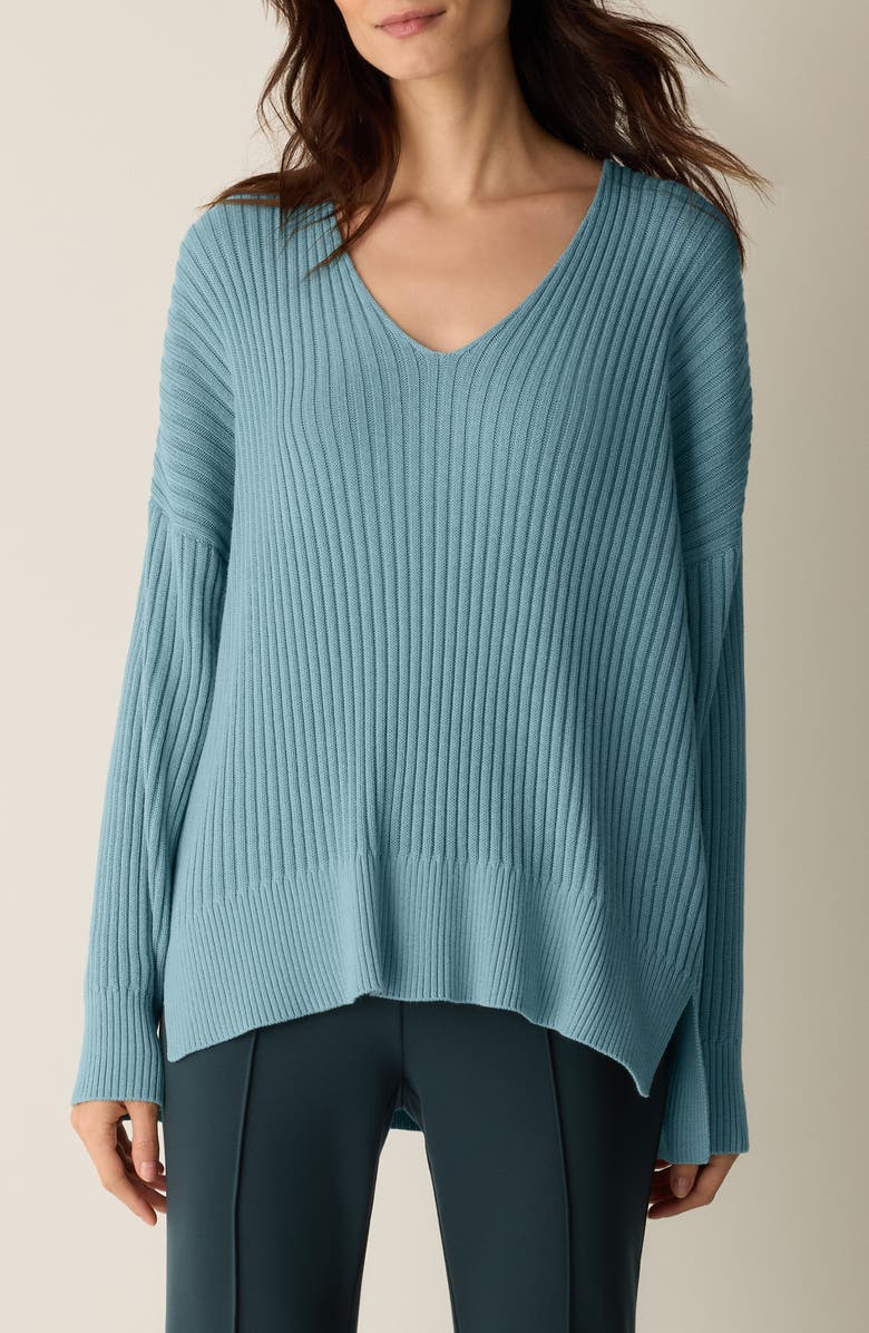 Eileen Fisher Cotton & Tencel<sup>™</sup> lyocell Ribbed V-Neck Sweater, Main, color, Seafoam