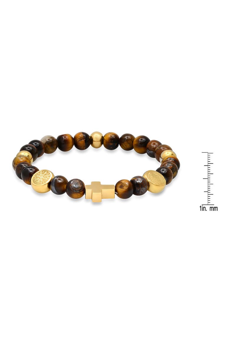 Men's Beaded Cross Stretch Bracelet, Alternate, color, BROWN/ GOLD