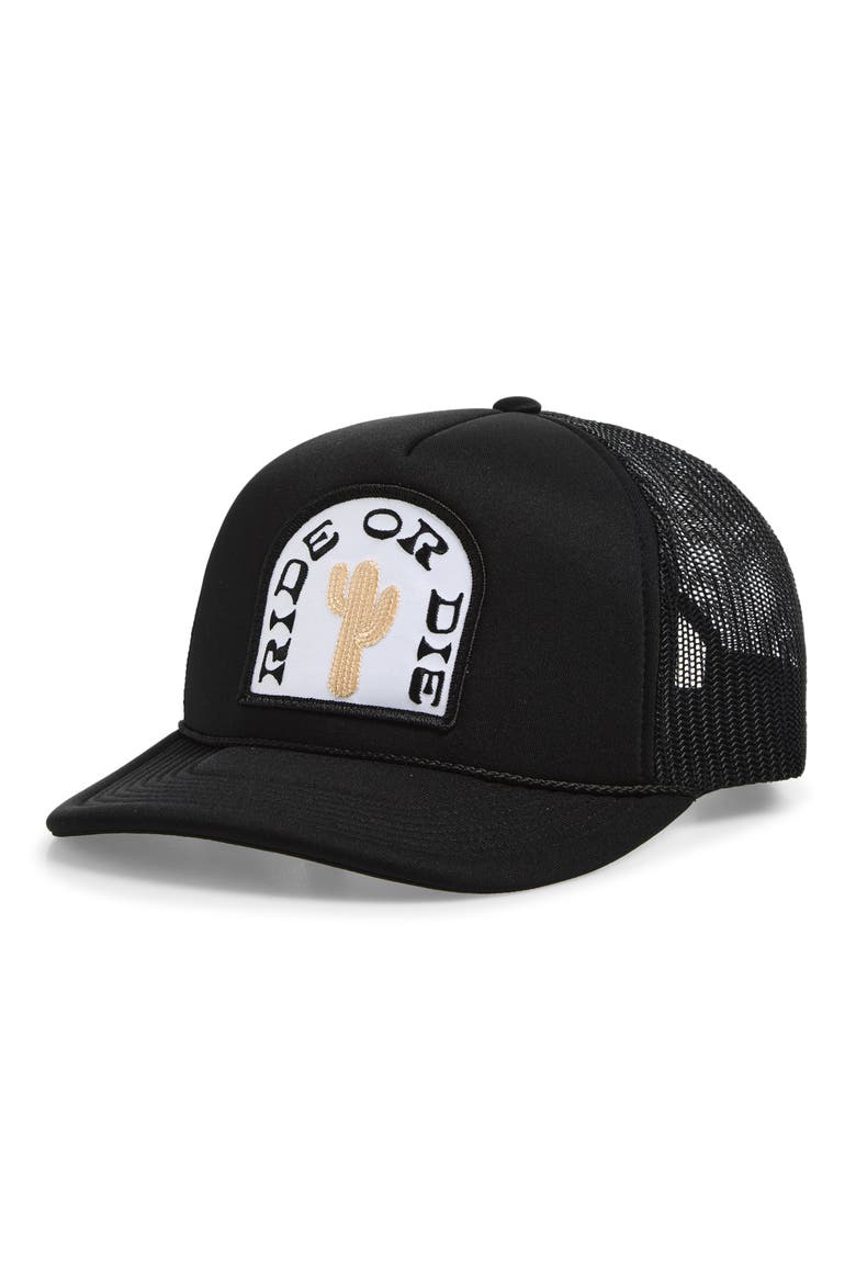 Ride or Die Patch Snapback Trucker Hat, Main, color, BLACK
