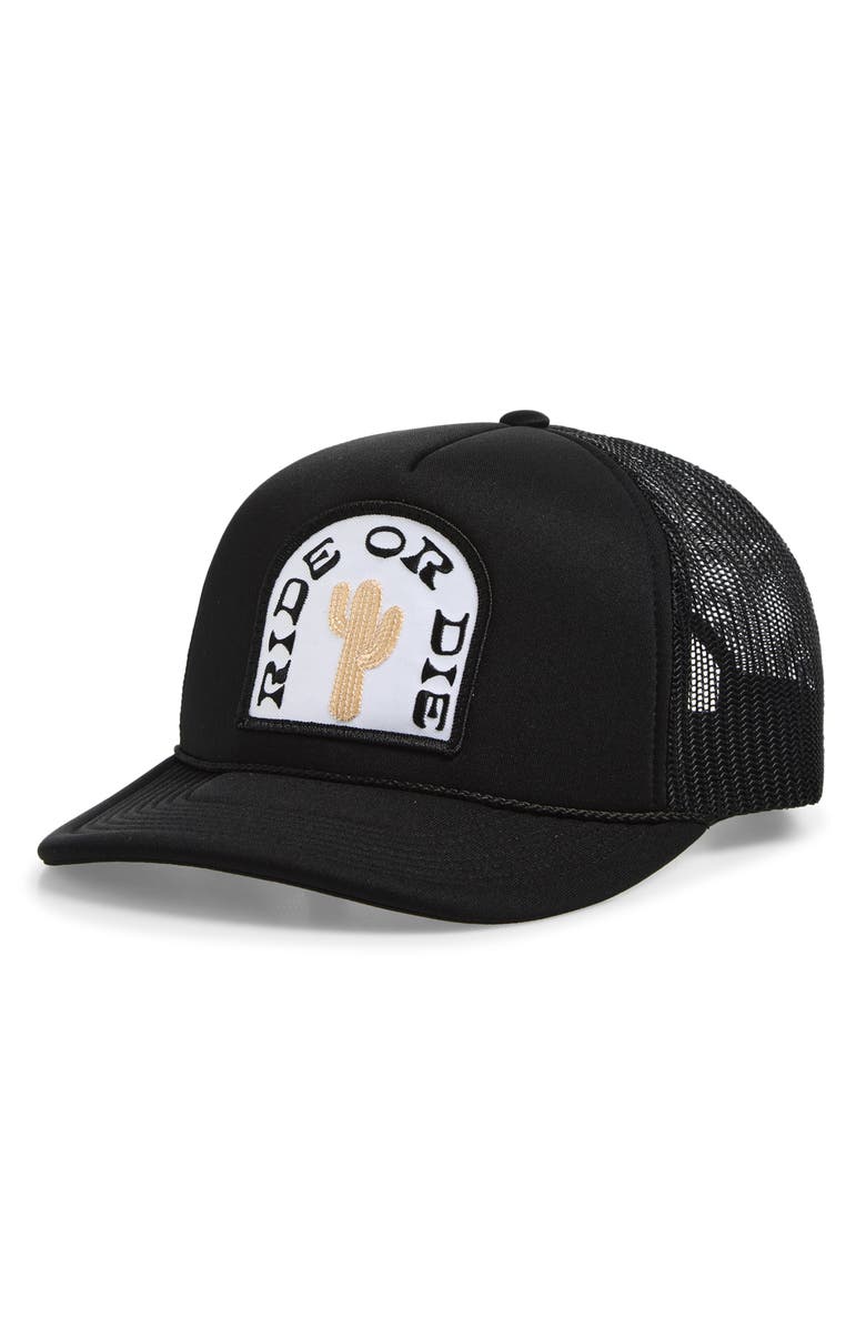 Local Beach Ride or Die Patch Snapback Trucker Hat, Main, color, Black
