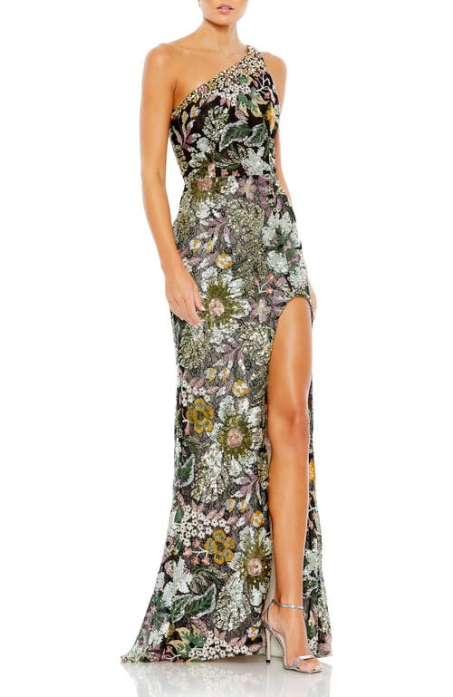 Mac Duggal Floral Sequin-embroidered One-shoulder Gown In Black Multi