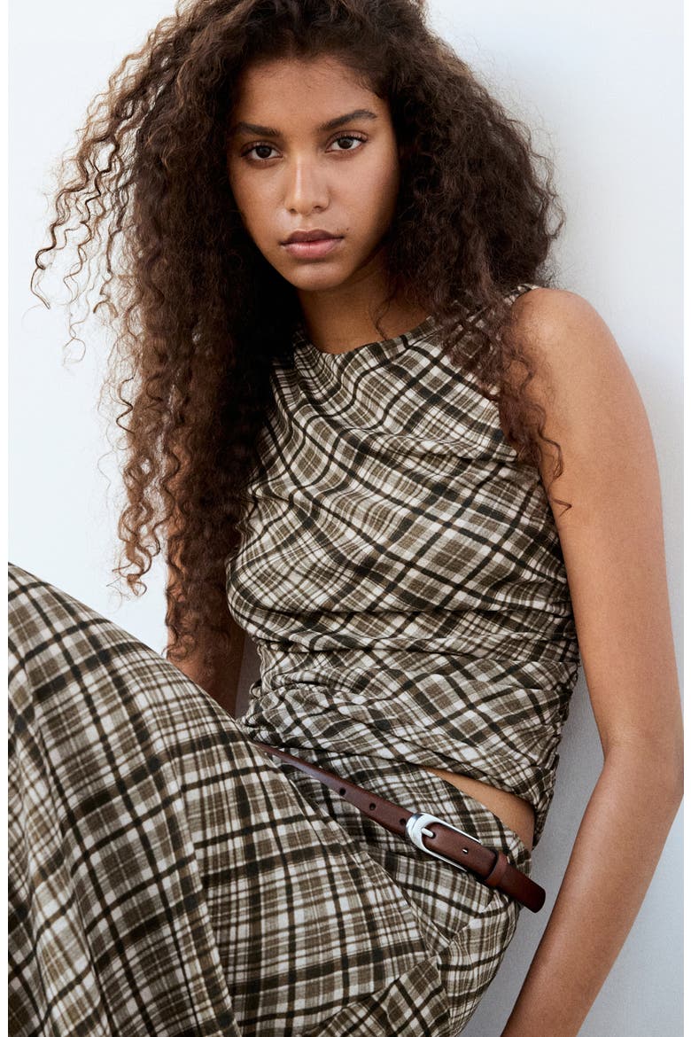 Plaid Draped Sleeveless Top, Alternate, color, BROWN