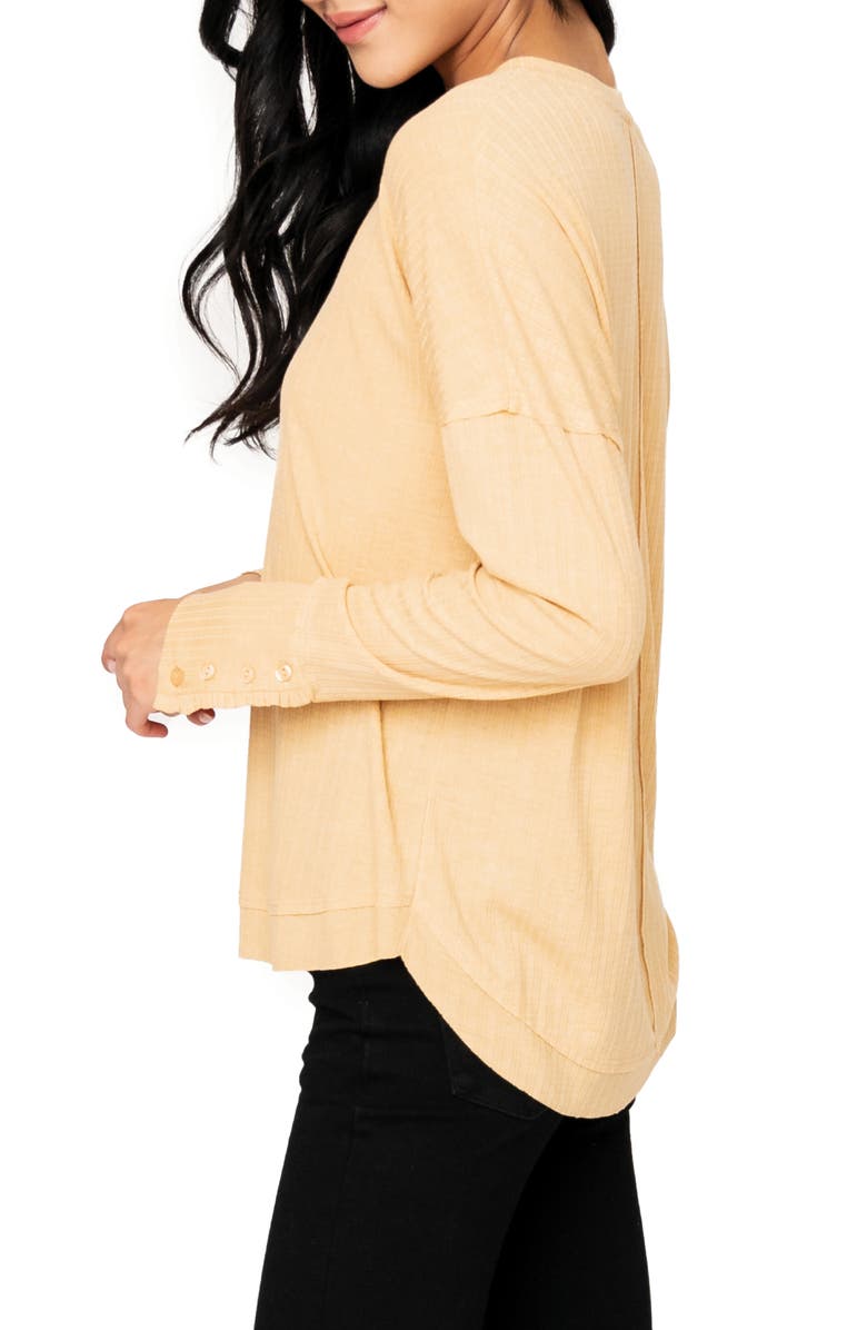 GIBSONLOOK Ruffle Trim Pointelle High-Low Henley, Alternate, color, Yellow