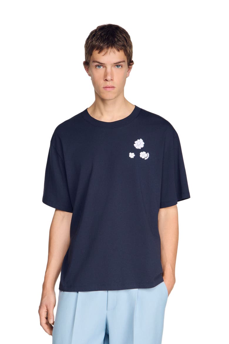 Flower print cotton T-shirt, Alternate, color, Navy blue