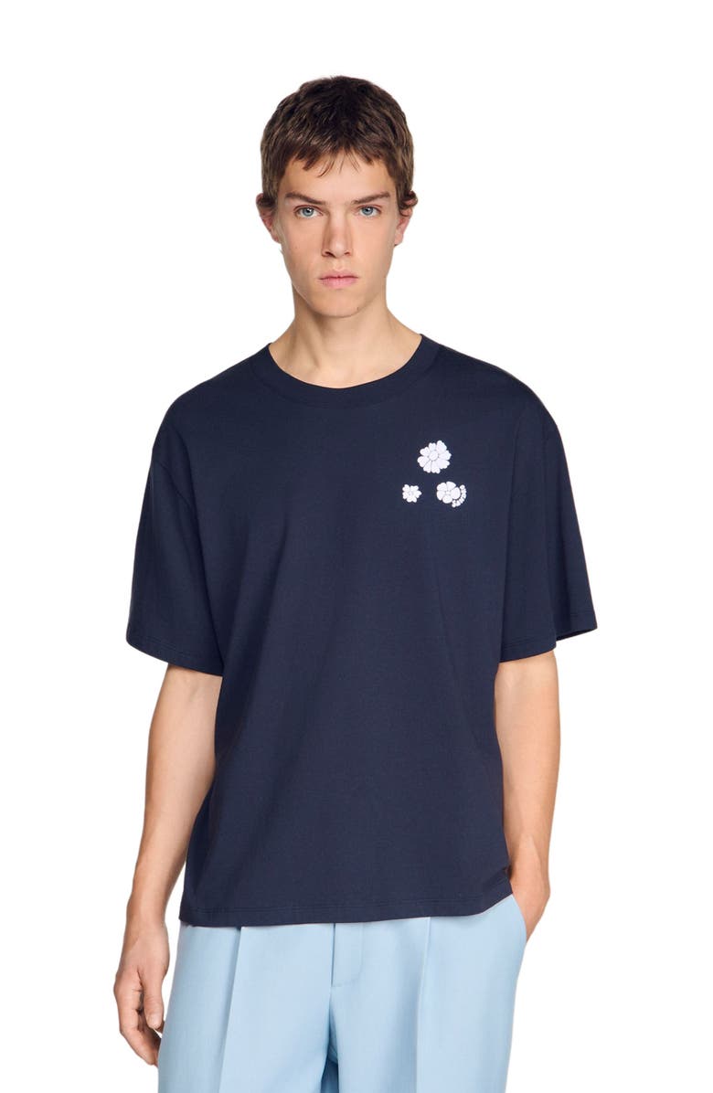 SANDRO Flower print cotton T-shirt, Alternate, color, Navy Blue