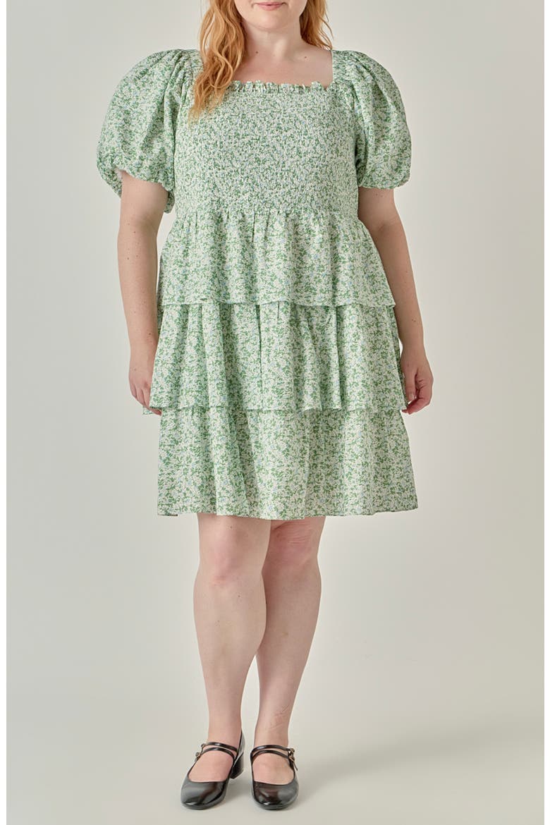 Crinkled Floral Smocked Dress, Main, color, GREEN