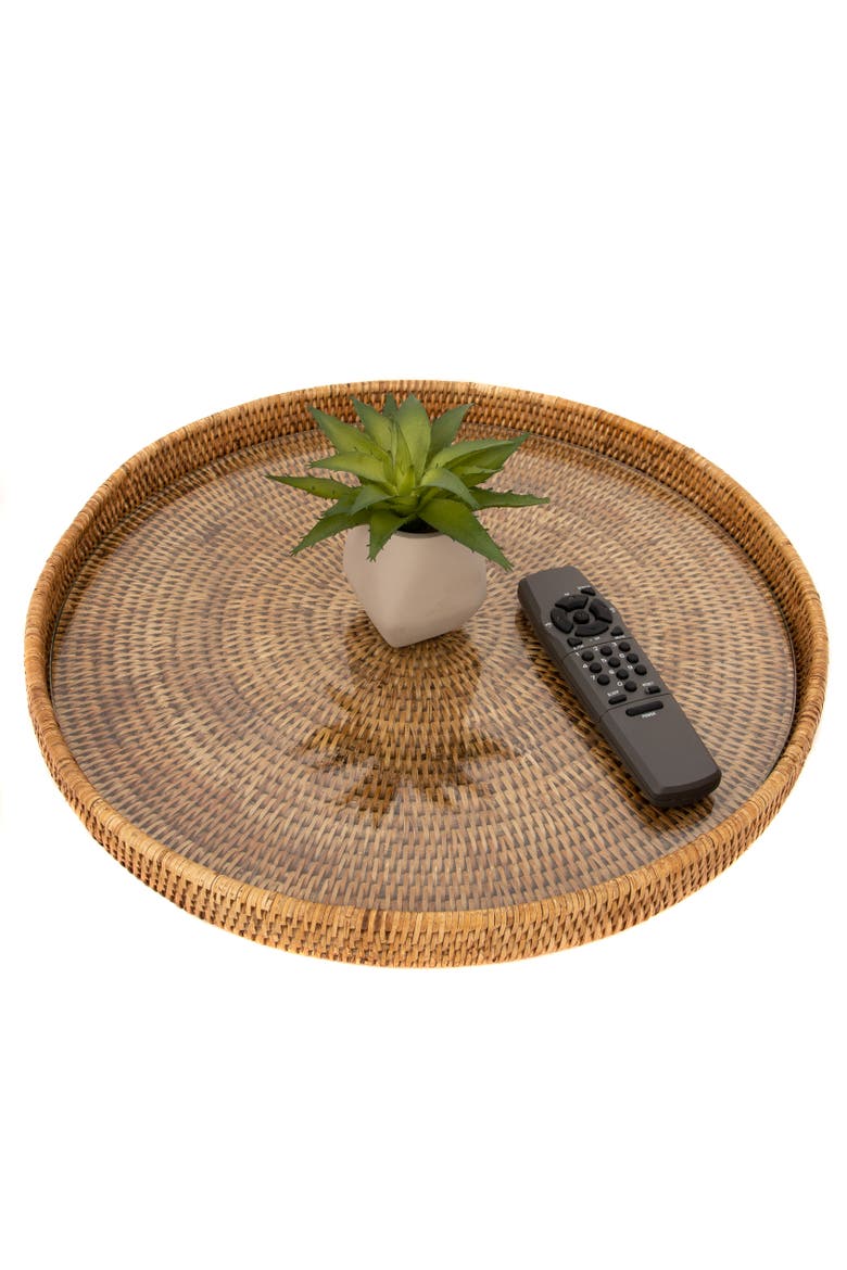 Artifacts Rattan Round Serving-Ottoman Tray with Glass Insert, Alternate, color, Honey Brown