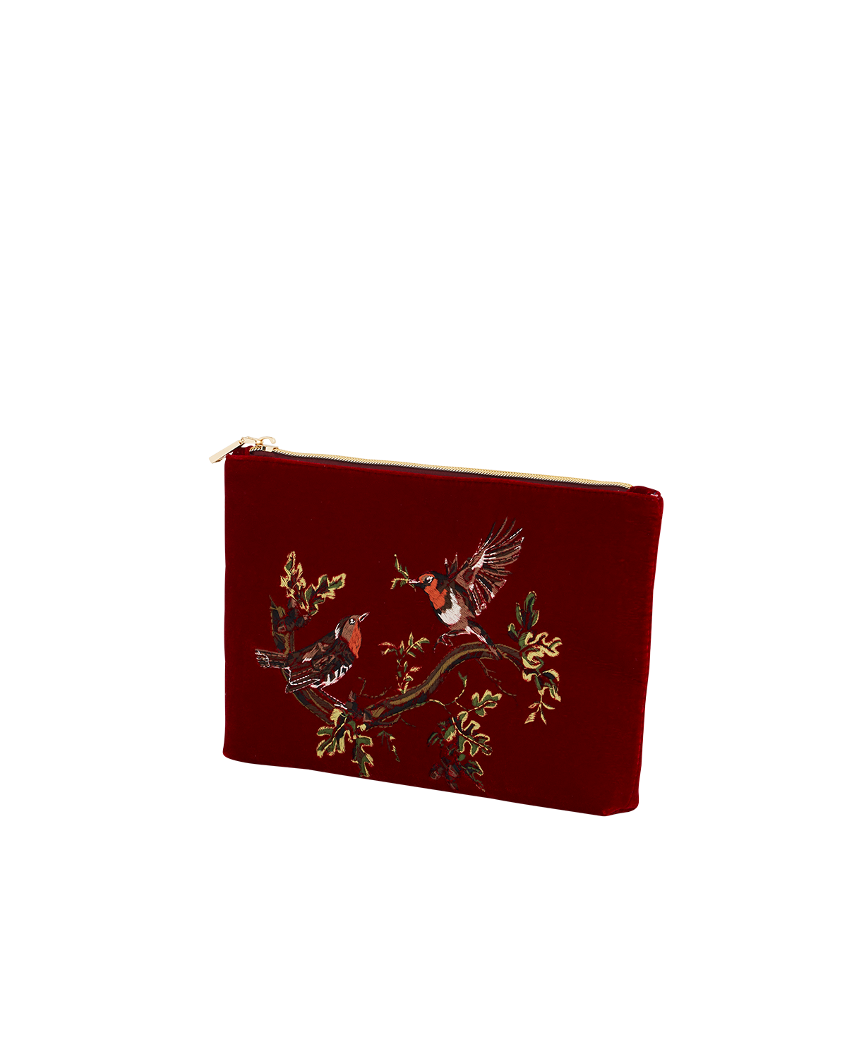 Fable England Robin Love Embroidered Red Medium Pouch, Alternate, color, Ruby Red