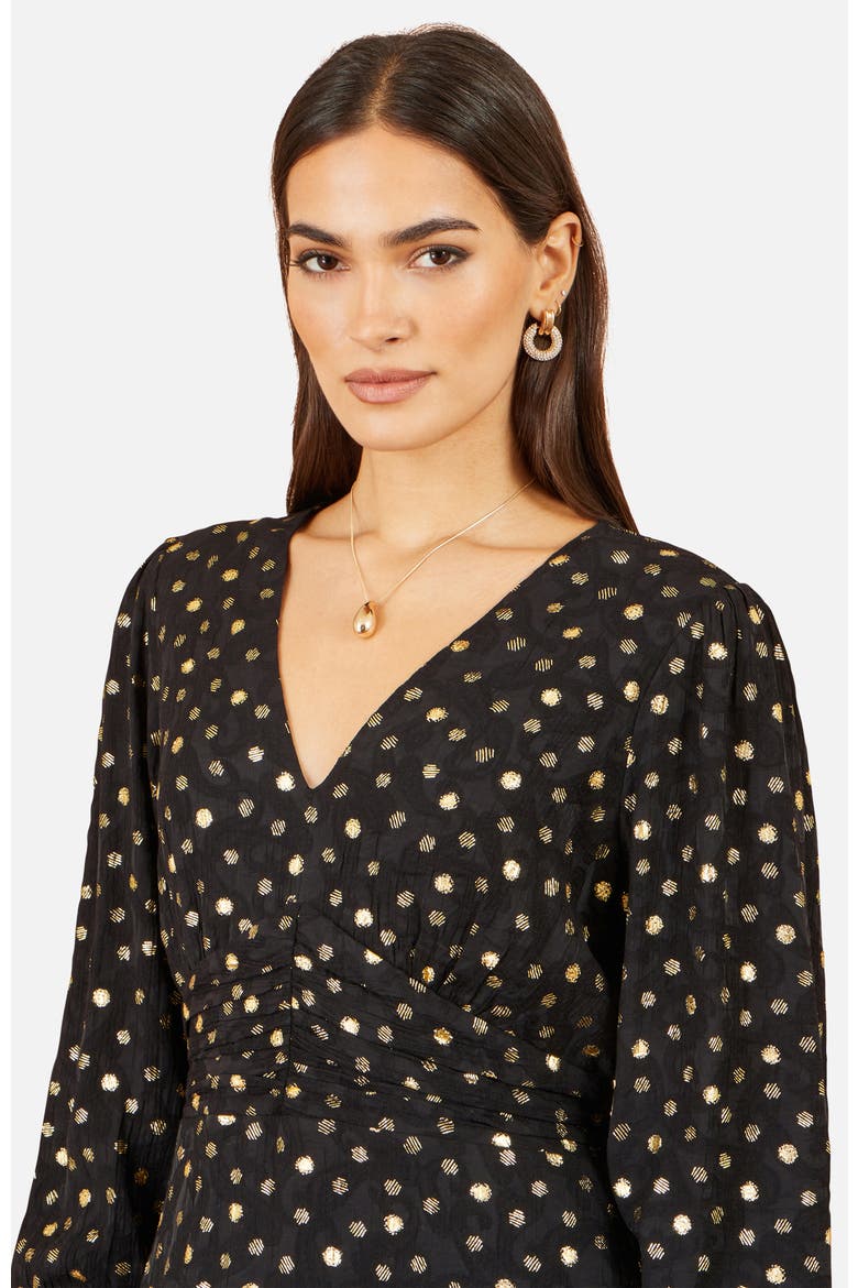 Long Sleeve Foil Print Midi Dress, Alternate, color, Black