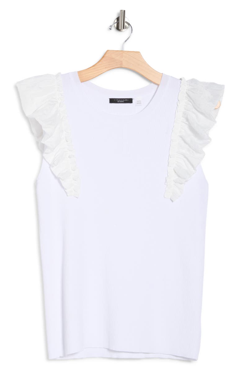 T Tahari Ruffle Sleeve Rib Sweater Tank, Alternate, color, White