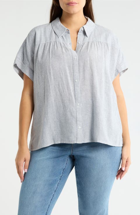 Linen Blend Button-Up Shirt (Plus)