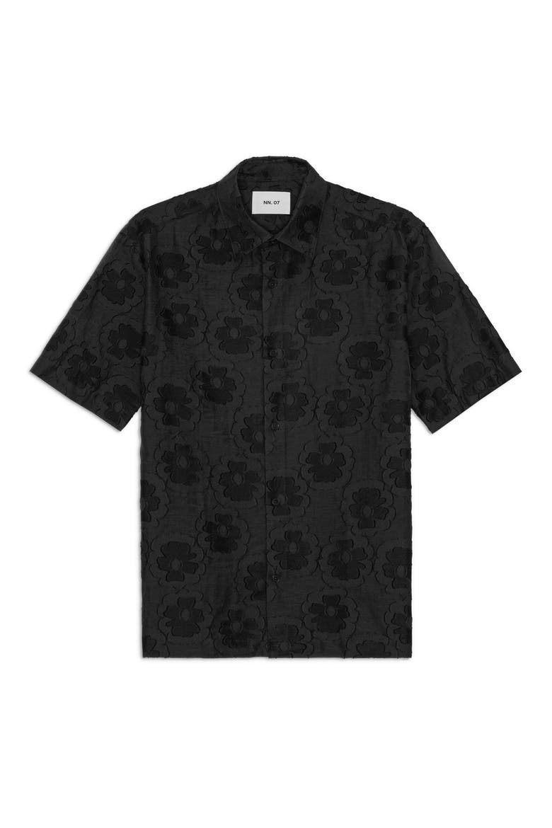 Freddy 50045 Embroidered Floral Short Sleeve Cotton Blend Button-Up Shirt, Alternate, color, BLACK