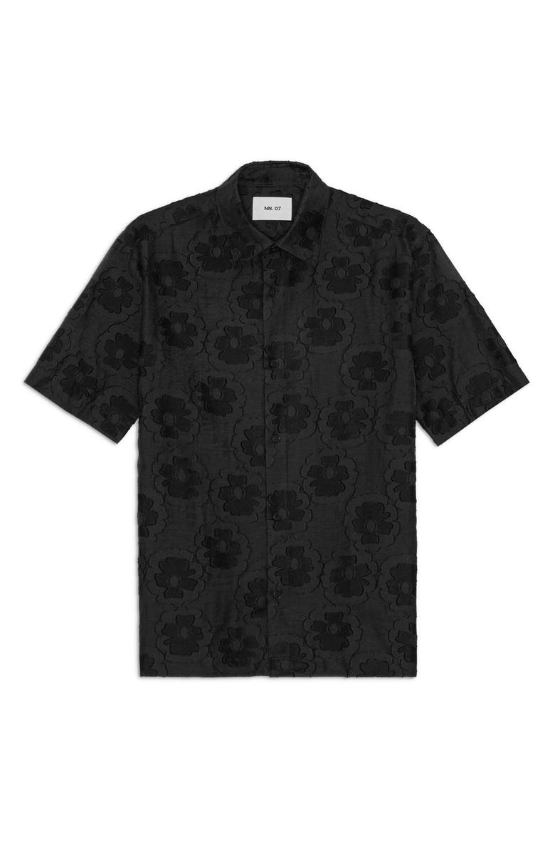 NN07 Freddy 50045 Embroidered Floral Short Sleeve Cotton Blend Button-Up Shirt, Alternate, color, Black