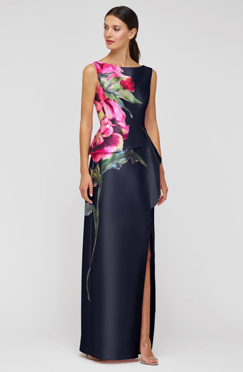 Kay Unger Luciana Placed Floral Column Gown, Alternate, color, Midnight Blue