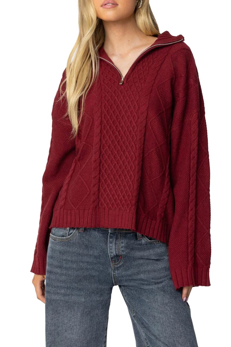 Cable Stitch Oversize Quarter Zip Pullover Sweater, Main, color, BURGUNDY