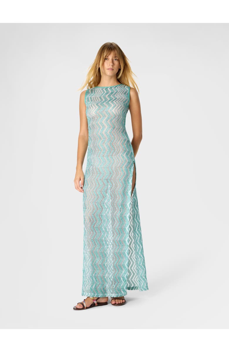 Missoni Long Mesh Cover-up Dress With Zigzag Pattern, Sequins, And Cut-out Detail, Alternate, color, Light Blue