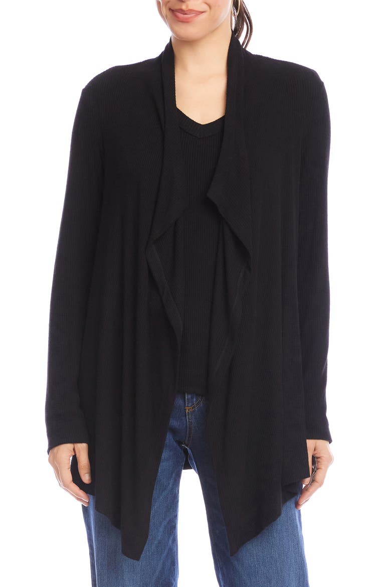 Rib Draped Open Front Cardigan, Main, color, BLACK