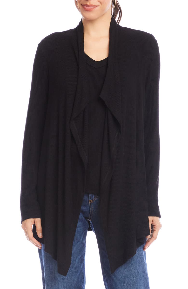 Karen Kane Rib Draped Open Front Cardigan, Main, color, Black