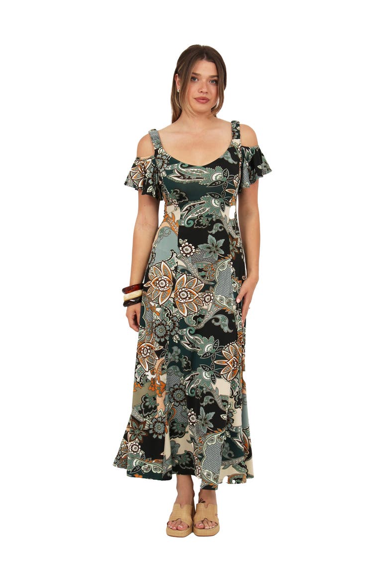 Womens Elevate Soft V-Neck Cold Sholder Ruffle Sleeve Wide A-Line Maxi Dress, Main, color, Green Multi