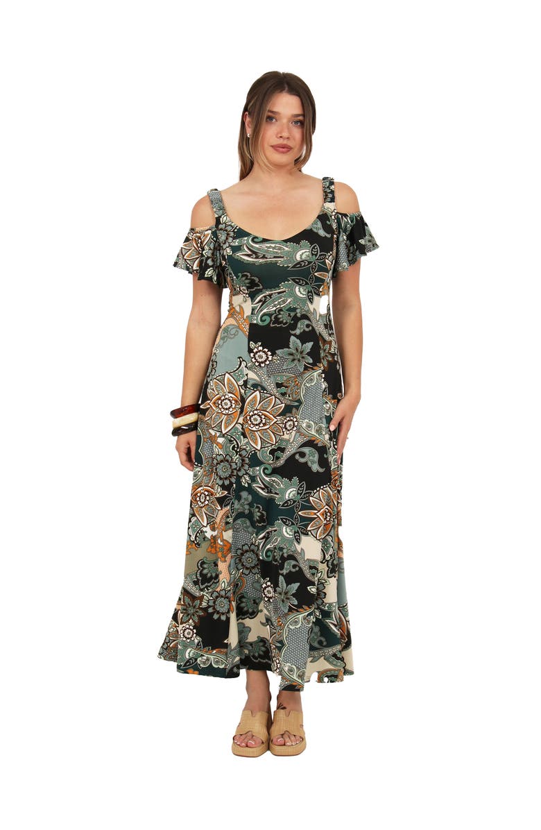 24seven Comfort Apparel Womens Elevate Soft V-Neck Cold Sholder Ruffle Sleeve Wide A-Line Maxi Dress, Main, color, Green Multi