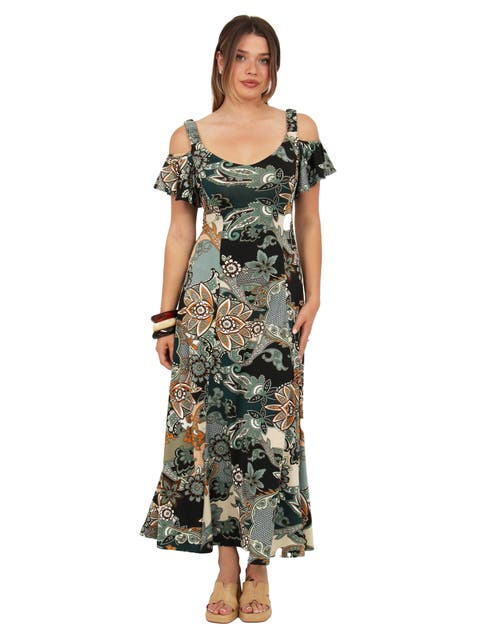 Womens Elevate Soft V-Neck Cold Sholder Ruffle Sleeve Wide A-Line Maxi Dress