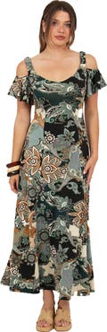 24seven Comfort Apparel Womens Elevate Soft V-Neck Cold Sholder Ruffle Sleeve Wide A-Line Maxi Dress
