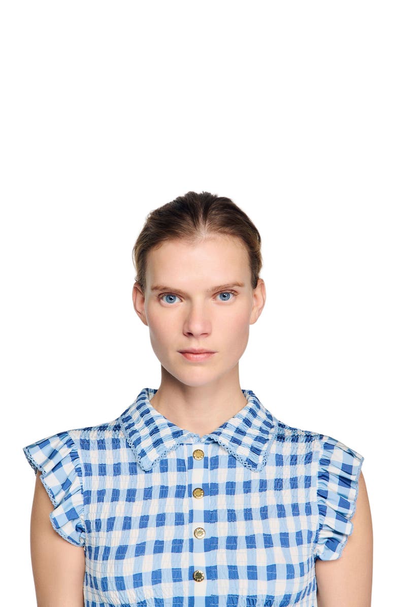 SANDRO Check smocked T-shirt, Alternate, color, Blu / White