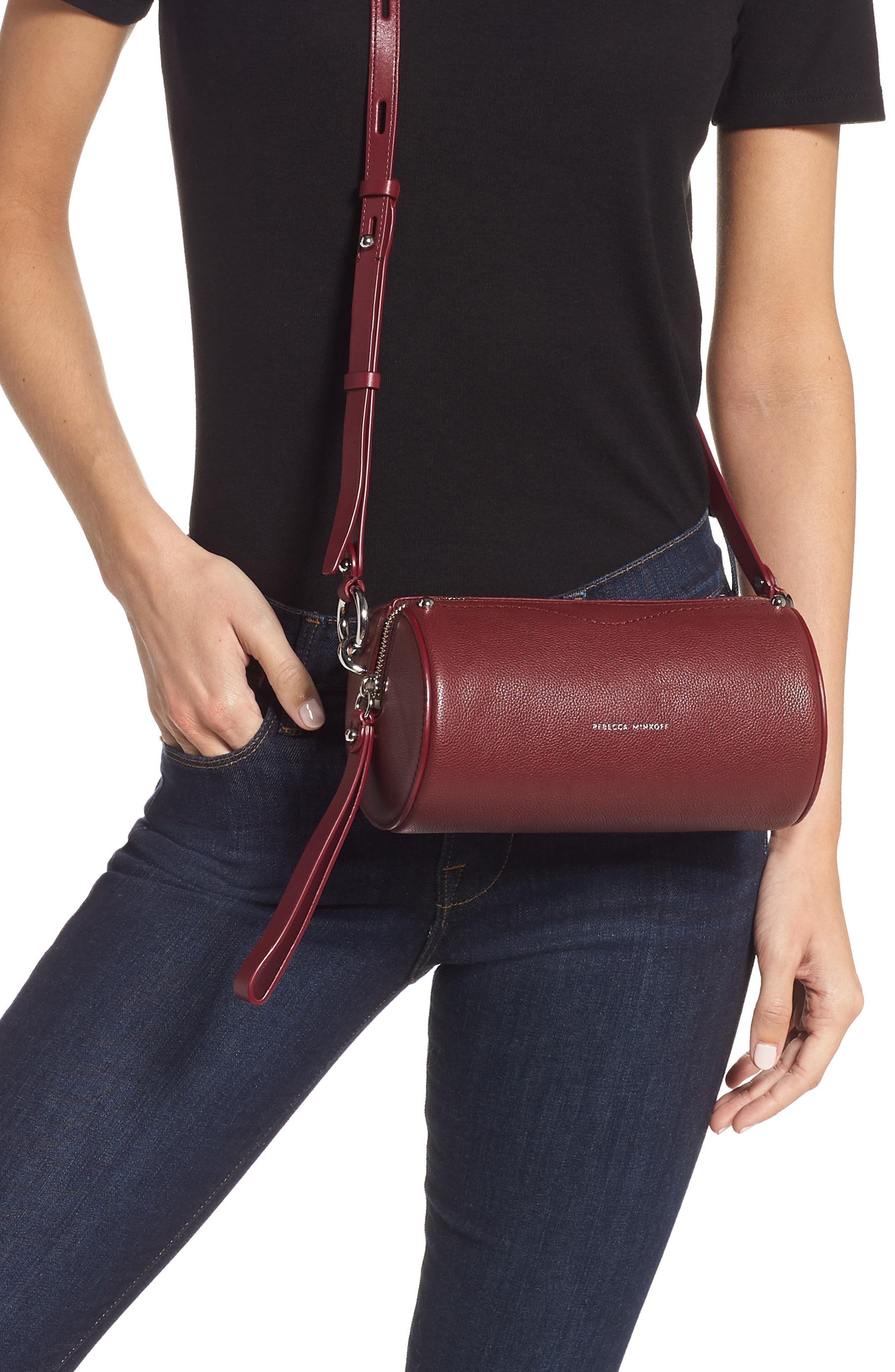 Leather Barrel Crossbody Bag, Alternate, color, PINOT NOIR