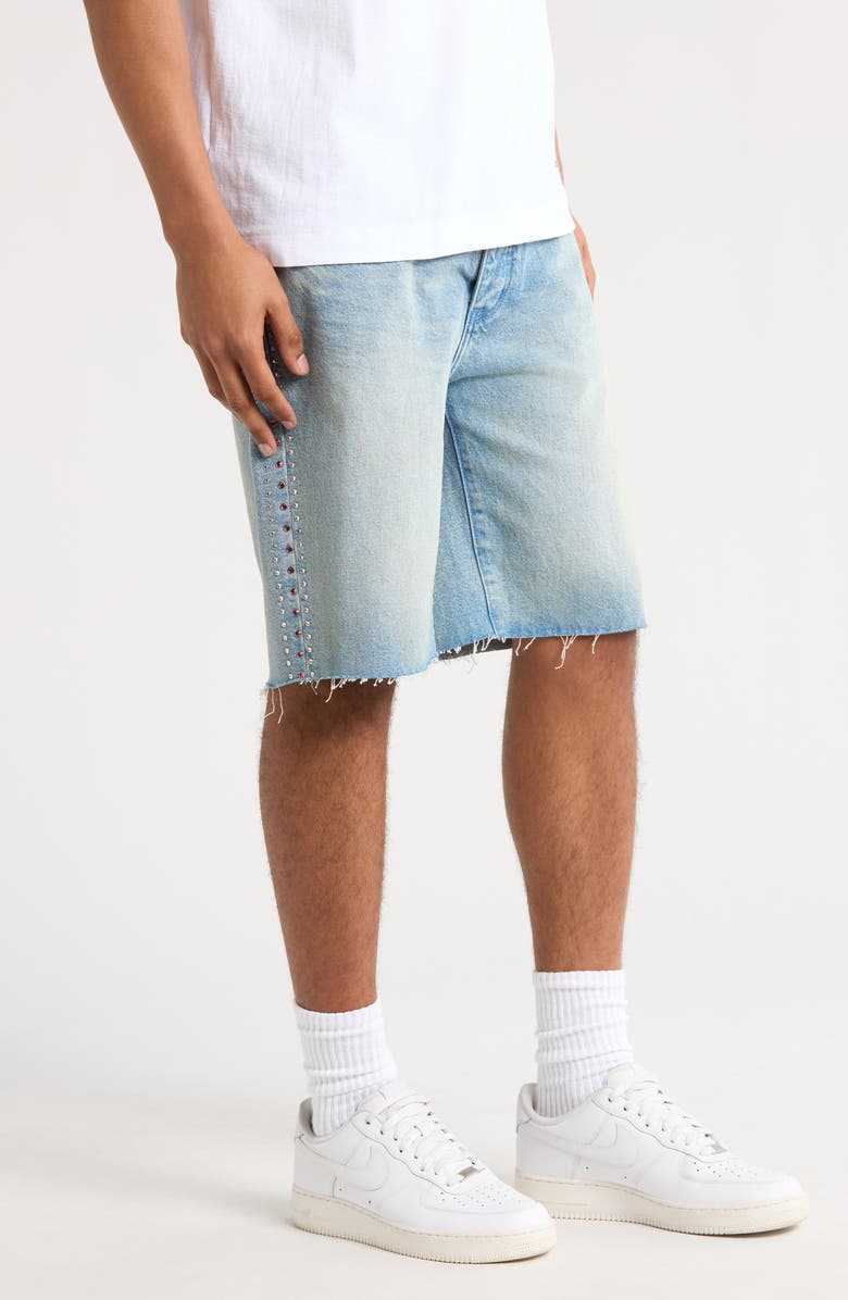 PURPLE BRAND Basalt Rhinestone Emebllished Distressed Raw Hem Denim Shorts, Alternate, color, 