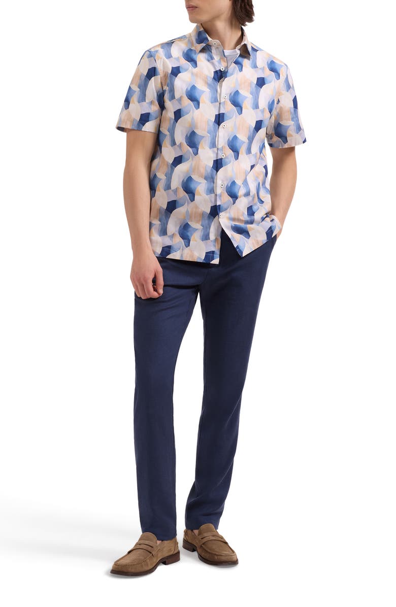 Bugatchi Vero Shaped Fit Abstract Print Short Sleeve Stretch Cotton Button-Up Shirt, Alternate, color, Cobalt