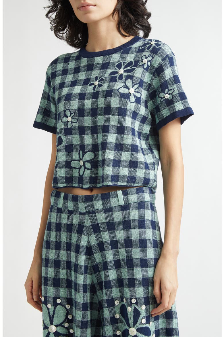 Gingham Flower Cotton & Linen Blend Jacquard Sweater, Alternate, color, MINT/ MIDNIGHT
