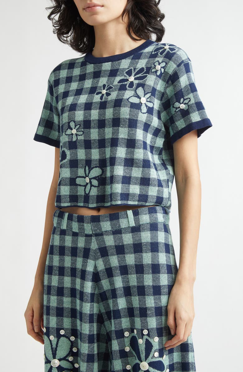 YanYan Gingham Flower Cotton & Linen Blend Jacquard Sweater, Alternate, color, Mint/ Midnight