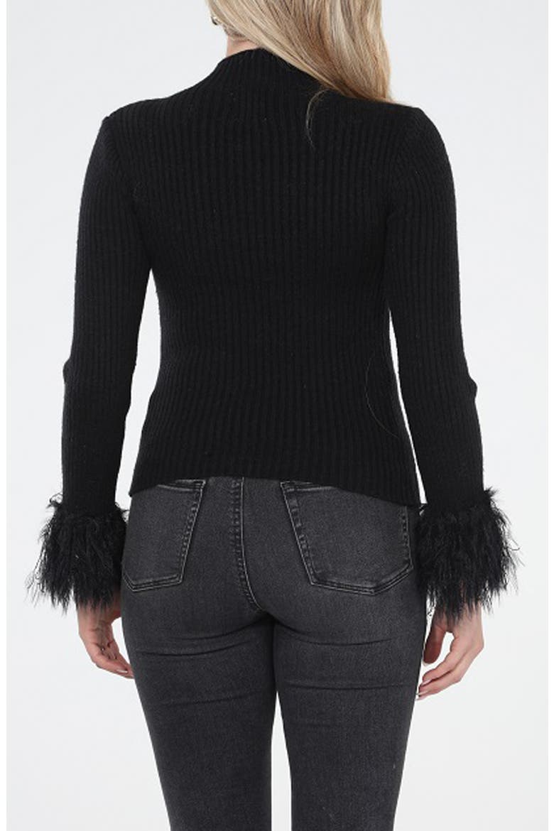 Faux Feather Cuff Ribbed Sweater, Alternate, color, BLACK