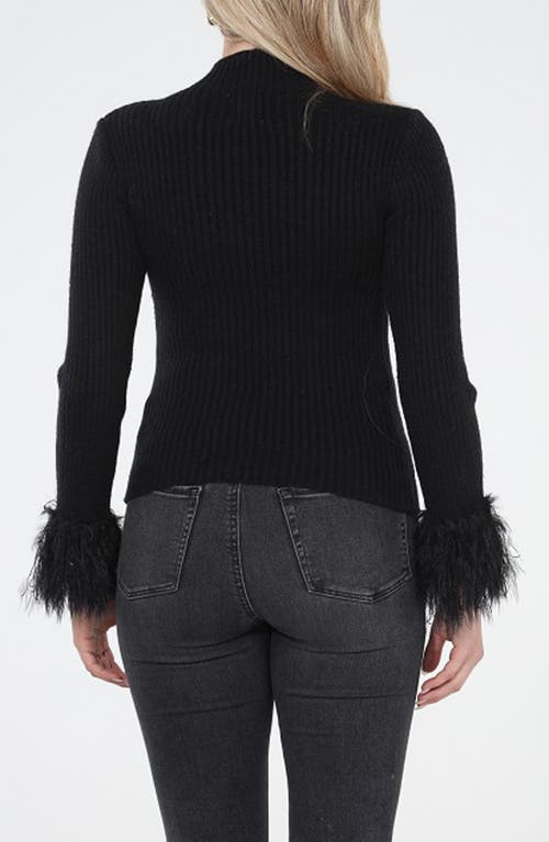 Rain And Rose Faux Feather Cuff Ribbed Sweater In Black