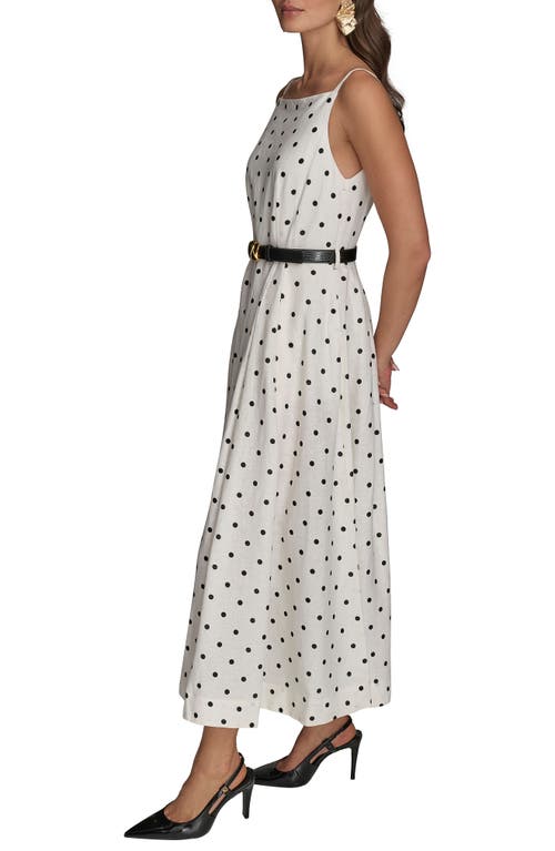 Donna Karan New York Polka Dot Belted Linen Blend Midi Dress In White