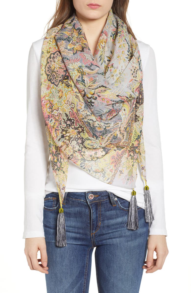 Etro Bombay Print Silk Chiffon Scarf with Tassels, Main, color,