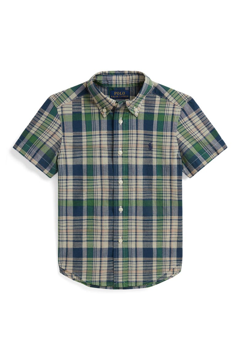 Kids' Madras Plaid Short Sleeve Cotton Button-Down Shirt, Main, color, WHITE NAVY MULTI