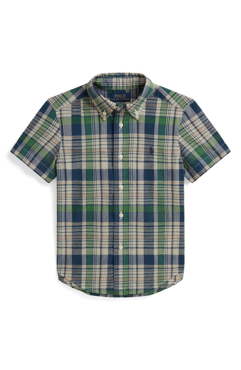 Polo Ralph Lauren Kids' Madras Plaid Short Sleeve Cotton Button-Down Shirt, Main, color, White Navy Multi