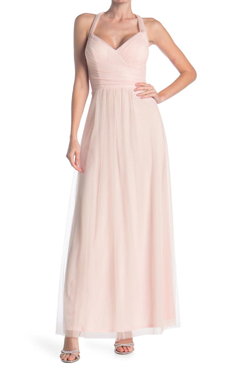 Crisscross Strap Tulle A-Line Gown, Main, color, PETAL PINK