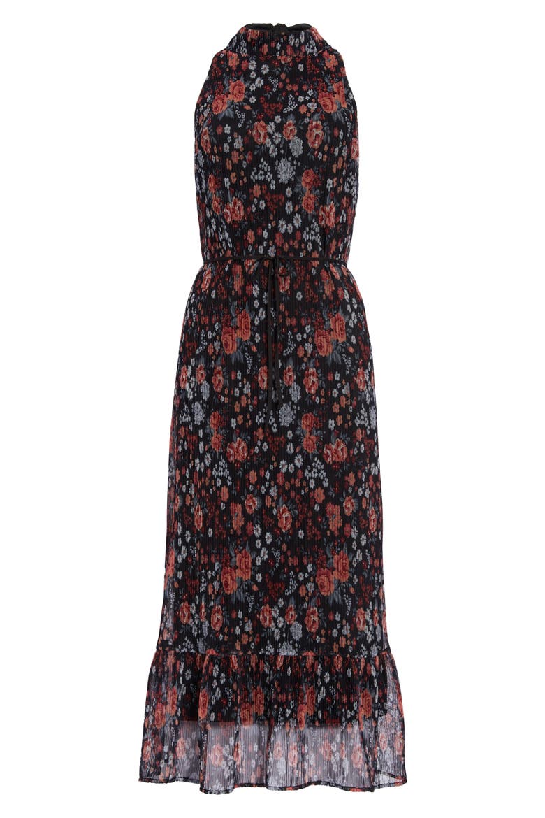 Floral Plissé Midi Dress, Alternate, color, BLACK MULTI