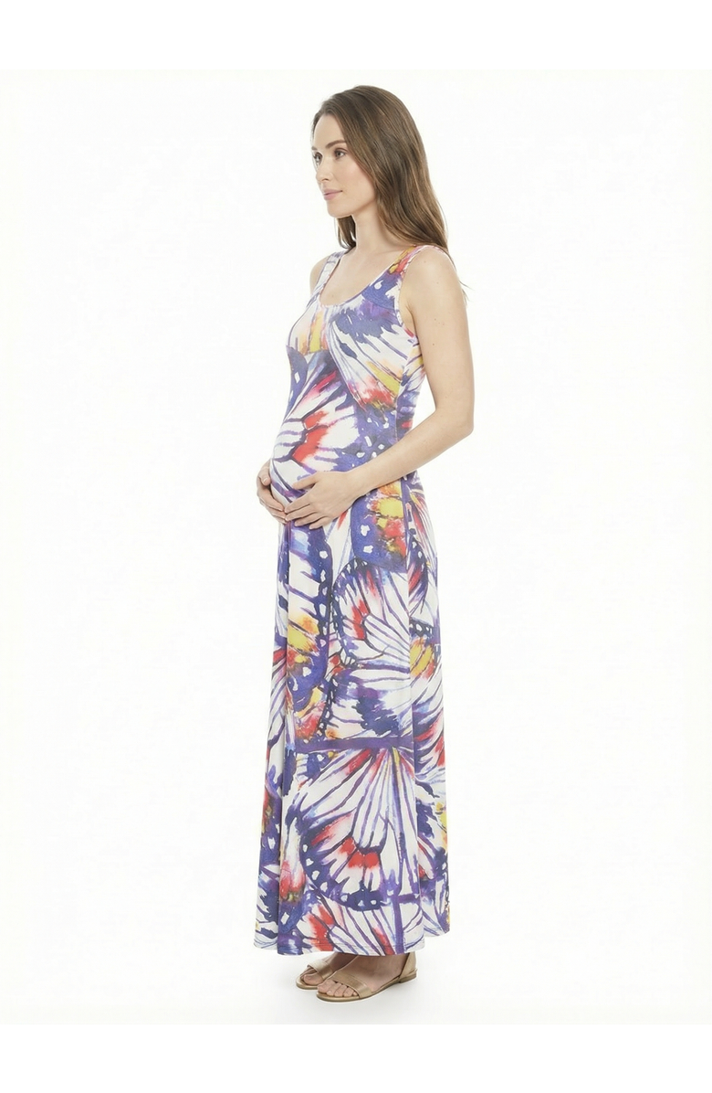 24seven Comfort Apparel Maternity Butterfly Scoop Neck Sleeveless A-Line Maxi Dress, Alternate, color, Purple Multi