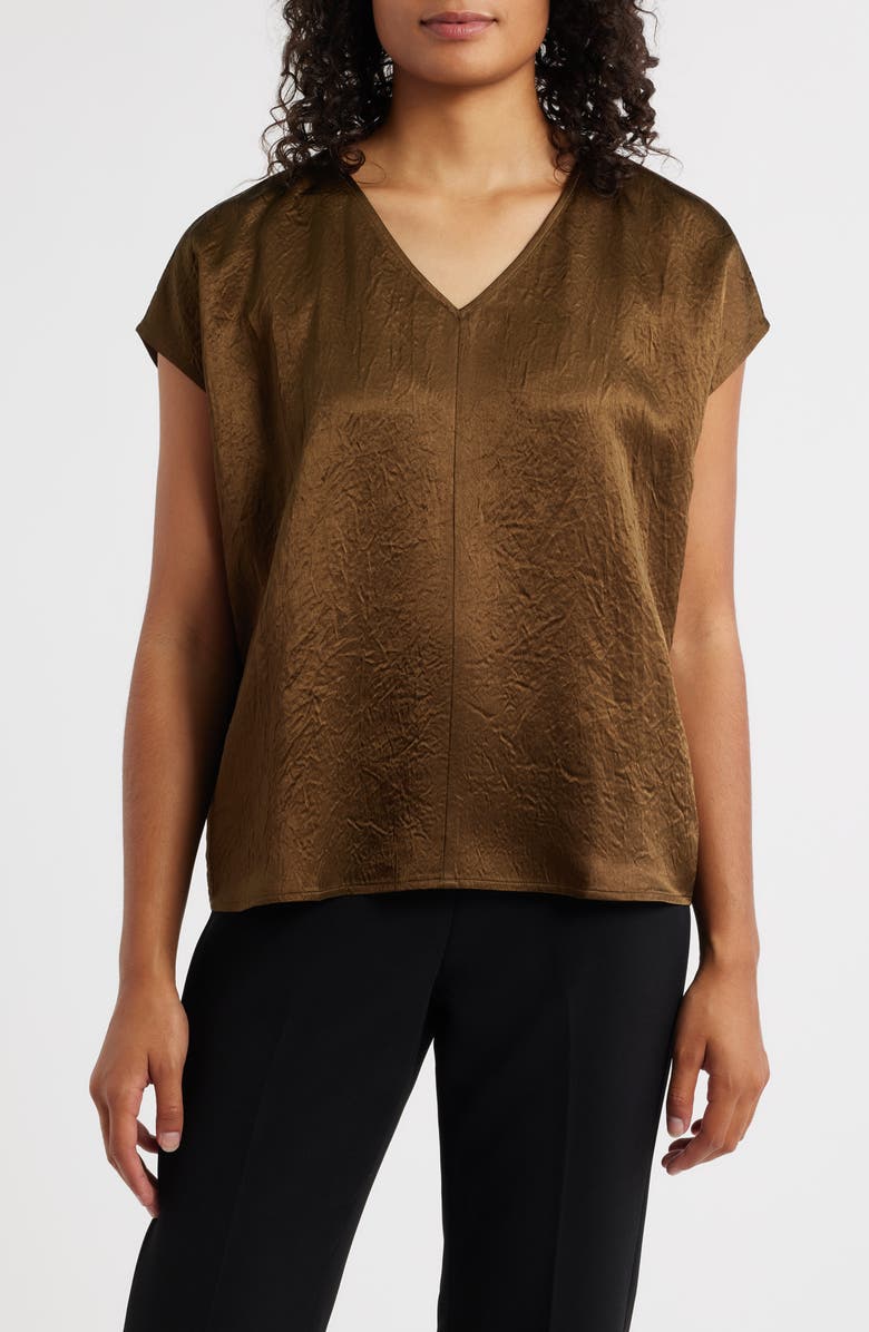 Eileen Fisher V-Neck Square Satin Top, Main, color, Serpentine