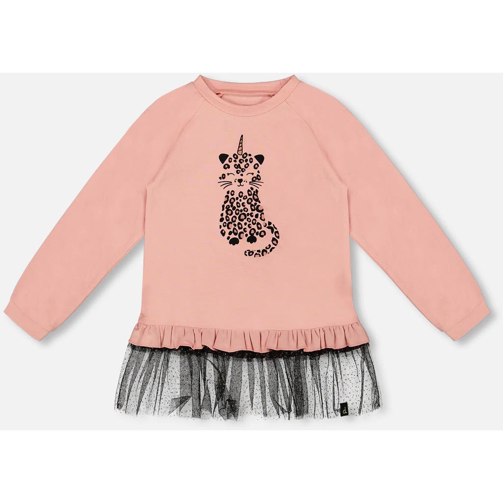 Deux Par Deux Long Bi-material Top With Mesh Ruffle Hem And Leopard In Pink