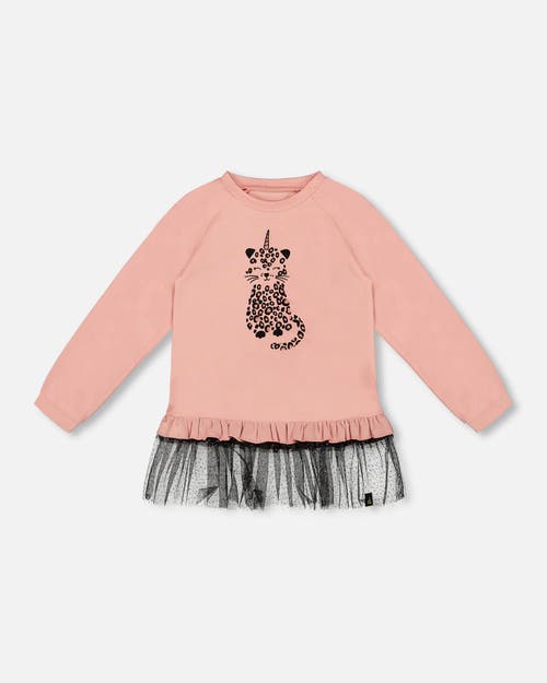 Deux Par Deux Long Bi-material Top With Mesh Ruffle Hem And Leopard In Pink