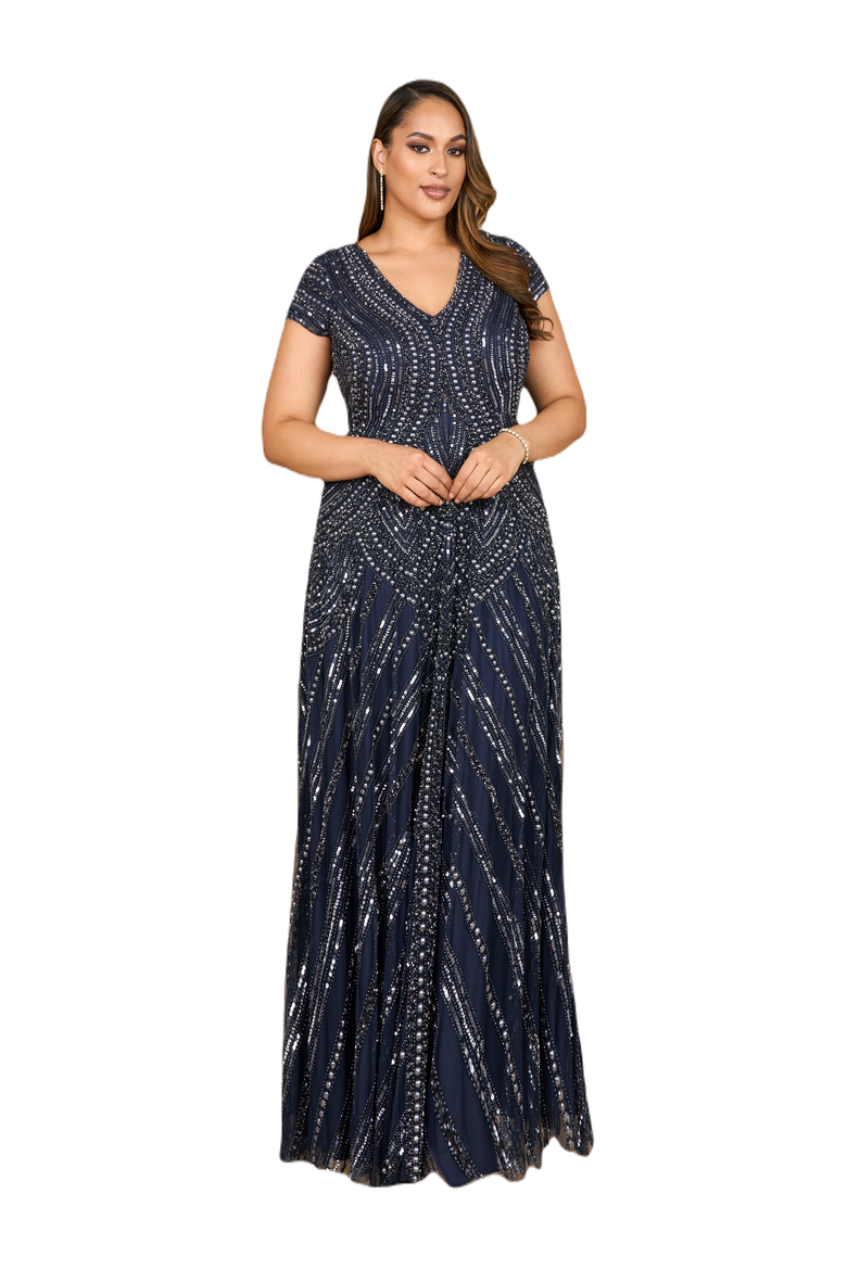 Cap Sleeve Beaded A-Line Gown, Main, color, Navy