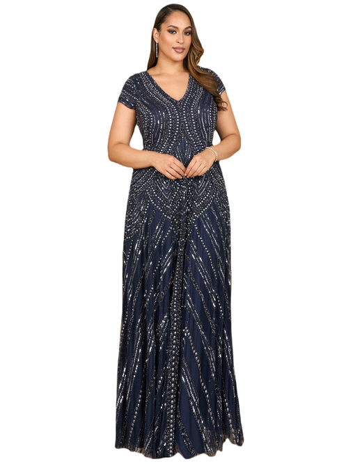 Lara New York Cap Sleeve Beaded A-line Gown In Navy